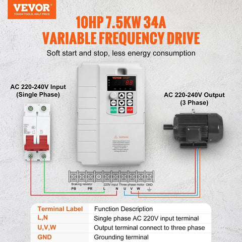 10HP, 7.5KW, 34A, 1 Phase 220V-240V Input to 3 Phase 220V-240V Output Variable Frequency Drive, 0-400Hz VFD for AC Motor Speed Control