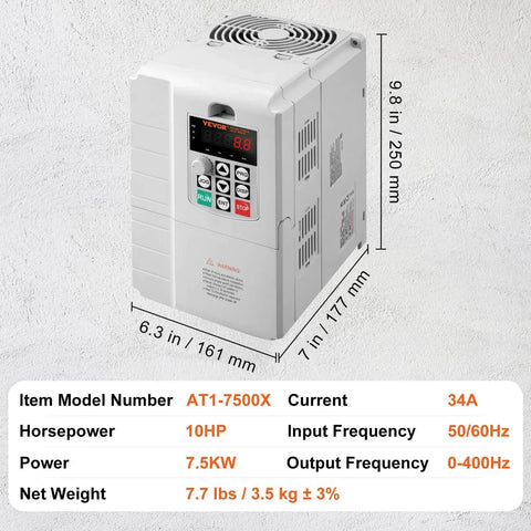 10HP, 7.5KW, 34A, 1 Phase 220V-240V Input to 3 Phase 220V-240V Output Variable Frequency Drive, 0-400Hz VFD unit on display.