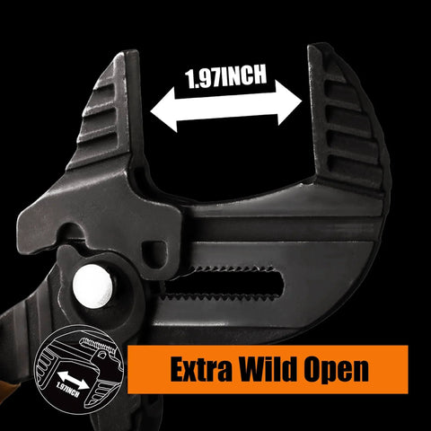 Close-up of 10 Inch Adjustable Pliers Wrench with Quick Adjust Push Button and Parallel Jaws from CRV Steel, 1.97-inch jaw measure