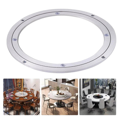 10 Inch Aluminum Alloy Lazy Susan Turntable Bearing, Heavy Duty Swivel Rotating Plate displayed with dining tables and trays