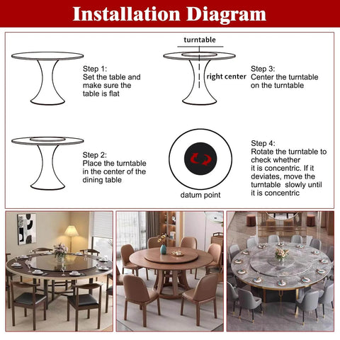 Installation diagram for 10 Inch Aluminum Alloy Lazy Susan Turntable Bearing on dining tables, showing step-by-step setup process.