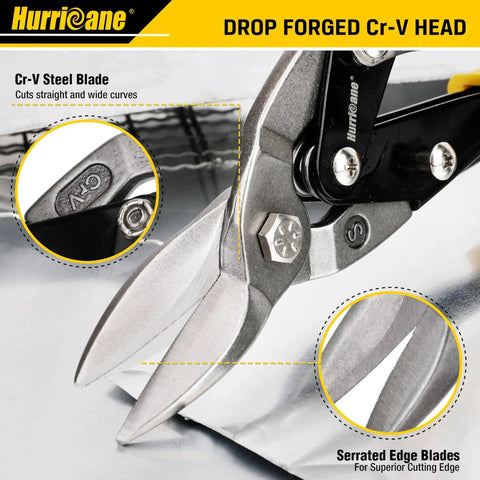 10 Inch Aviation Tin Snips with Chrome Vanadium Steel Blades cutting sheet metal, showing serrated edge and drop-forged Cr-V head.