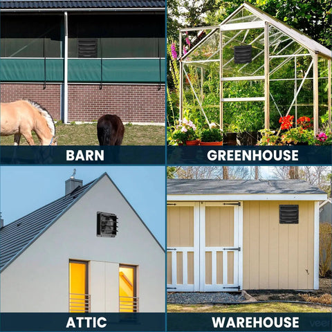 10 Inch Shutter Exhaust Fan With Speed Controller 647 CFM Beast Mode High Speed Vent Fan 1400 RPM Wall Mounted in barn, greenhouse, attic, and warehouse settings