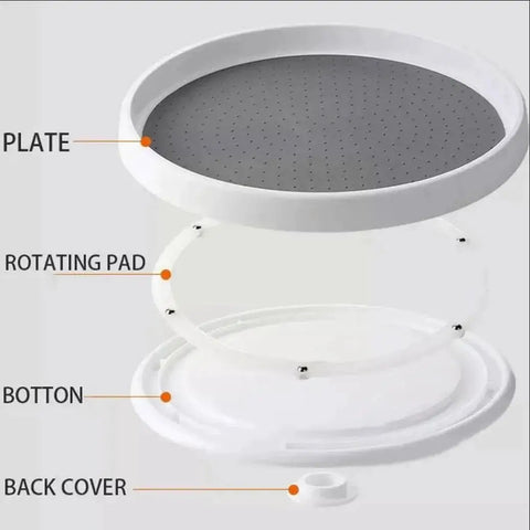 Exploded view of 10 Inch Lazy Susan Turntable For Kitchen Cabinets And Refrigerators Pantry Organizer, showing plate, rotating pad, bottom, and back cover in white and gray.