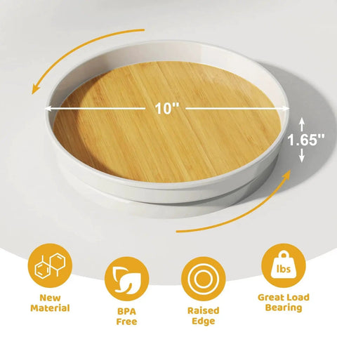 Two Pack 10 Inch Lazy Susan Turntable For Cabinets And Tables with oak finish and durable melamine surface, ideal for storage.