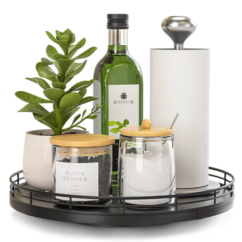 10 Inch Oak Wood Lazy Susan Turntable Organizer with spices, plant, and bottle, black finish, ideal for kitchen countertop display.