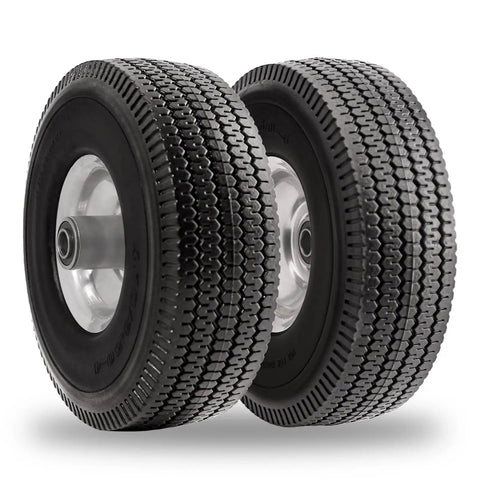 10 Inch Solid Polyurethane Tire 4.10 To 3.50-4 With Flat Free Wheels Five Eighth Inch Bearings Pair
