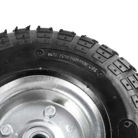 Close-up of a 10" heavy-duty replacement tire for gorilla carts, hand trucks, generators, lawn mowers, showing tread and rim detail.