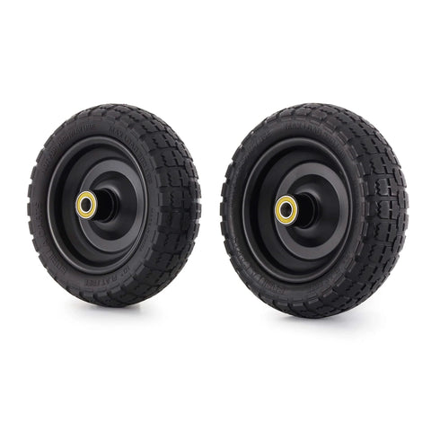 Two black solid polyurethane no-flat tires, 10 inch, with 2.16” hub and 5/8” bore from 4-pack, 300 lb capacity each for garden utility wagon.