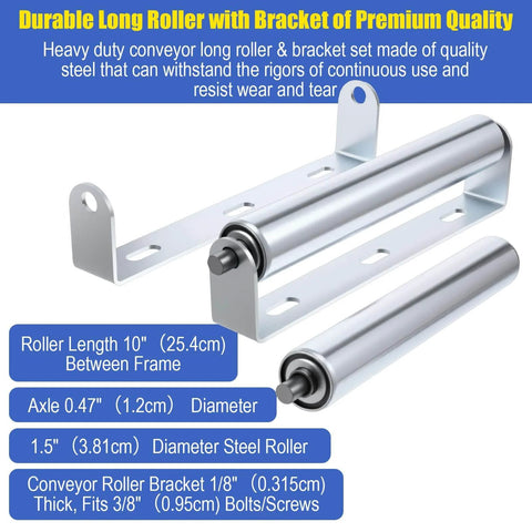 ✝️ 2 Pack 10 Inch Long Roller and Bracket Set, 1.5 Inch Diameter Galvanized Steel Conveyor Rollers, Support Rollers