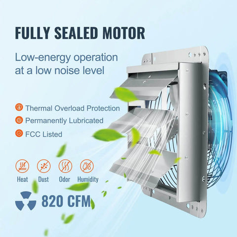 Side view of 10 Inch Shutter Exhaust Fan With 820 CFM High Speed Aluminum Wall Mount Attic Fan For Ventilation And Cooling In Greenhouses Garages Sheds And Shops With AC Motor FCC Listed By VEVOR