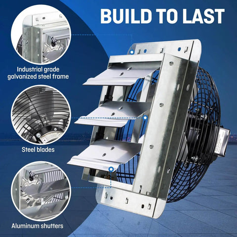 Powerful 10 Inch Wall Mounted Shutter Exhaust Fan With Automatic Shutter Thermostat And Variable Speed Controller, showing steel frame and blades