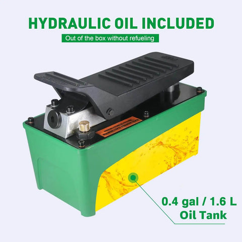 Powerful 10,000 PSI Air Hydraulic Pump With 1.6L Reservoir And Foot Pedal, Three Eighths NPT Oil Outlet visible on green unit