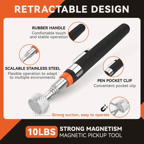 Four piece telescoping magnetic pickup tool set includes a 10 lb extender with rubber handle, stainless steel design, and pen pocket clip.