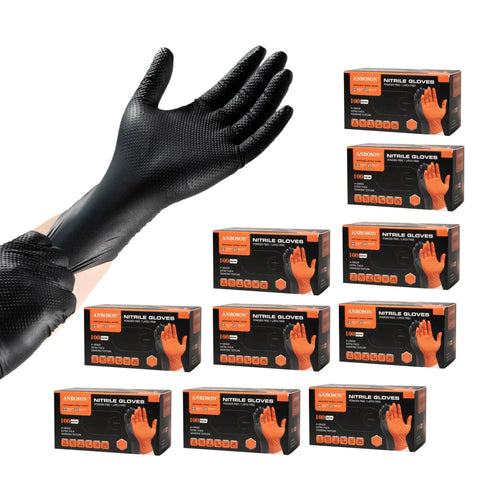 10 Mil Nitrile Disposable Gloves Heavy Duty Chemical Resistant Diamond Grip packaging with glove in textured grip view