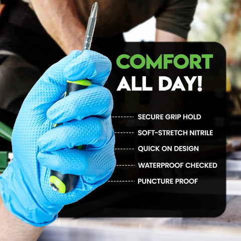 Person holding tool with 10 Mil Nitrile Heavy Duty Gloves With Diamond Grip For Mechanics Auto Repair, showcasing secure grip.