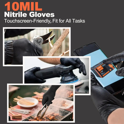 10 Mil Nitrile Disposable Gloves Heavy Duty Chemical Resistant Diamond Grip in various task scenarios