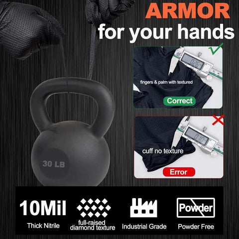 10 Mil Nitrile Disposable Gloves Heavy Duty Chemical Resistant Diamond Grip with 30lb kettlebell and texture details