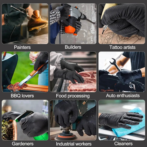 Collage of 10 Mil Nitrile Disposable Gloves Heavy Duty Chemical Resistant Diamond Grip used by painters, builders, tattoo artists, BBQ lovers, food processors, auto enthusiasts, gardeners, industrial workers, and cleaners.