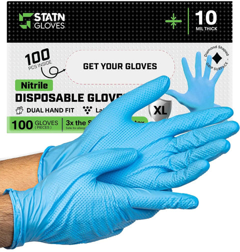10 Mil Nitrile Heavy Duty Gloves With Diamond Grip For Mechanics Auto Repair in blue with textured surface, box packaging visible