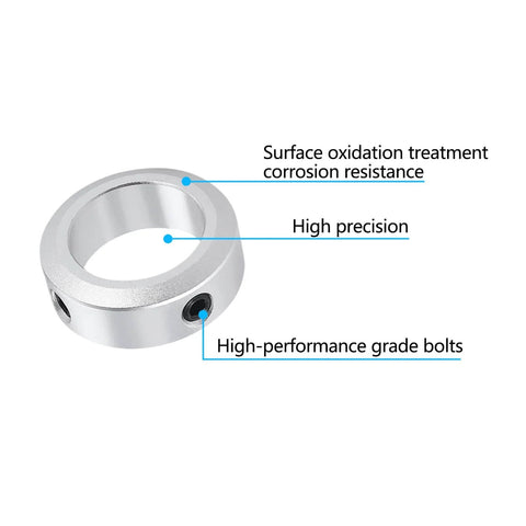 (4-Pack) Aluminum Alloy 10mm Bore Shaft Collars Screw Style，Bore Shaft Collars with 10mm Bore Size, 16mm Outer Diameter, and 8mm Width - Suitable for CNC Machine Tools, showing surface treatment and bolts.