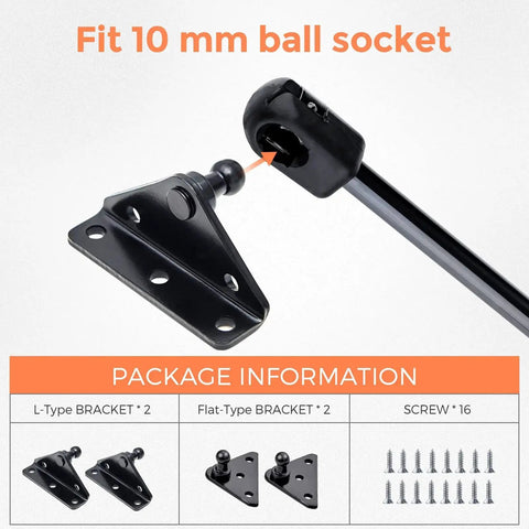 10mm Ball Stud Mounting Bracket Kit for Gas Strut Lift-O-Mat Systems showing L-type and flat-type mounts with screws