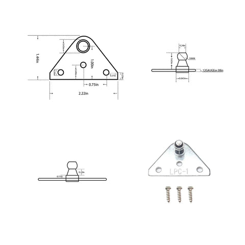 Technical drawing and close-up of Four 10mm Ball Stud Mounting Brackets Kit with Three 316 Stainless Steel Screws for Universal Gas Springs.