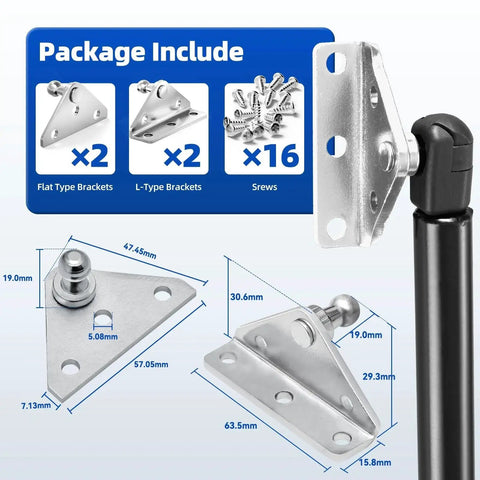 Diagram of 10mm Ball Stud Mounting Bracket Kit For Universal Gas Struts; includes 2 angled brackets, 2 flat brackets, and 16 screws.
