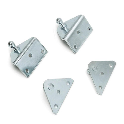 10mm Ball Stud Mounting Bracket Set For Gas Struts And Hood Lids with heavy-duty steel, stainless screws, showing two flat and two angled brackets.