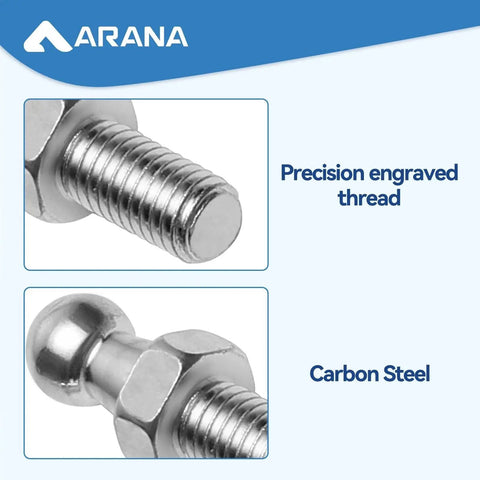 Close-up of 10mm Ball Studs With Hardware For Gas Struts And Lift Supports, 5/16-18 Thread, carbon steel, showing thread and ball design