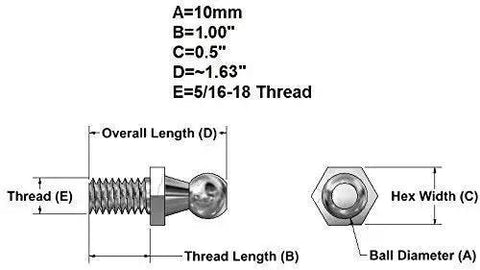 Diagram of 4 Pack 10mm Ball Studs With Hardware For Gas Lift Support Struts 5/16-18 Thread 1 Inch Long Shank Zinc Plated