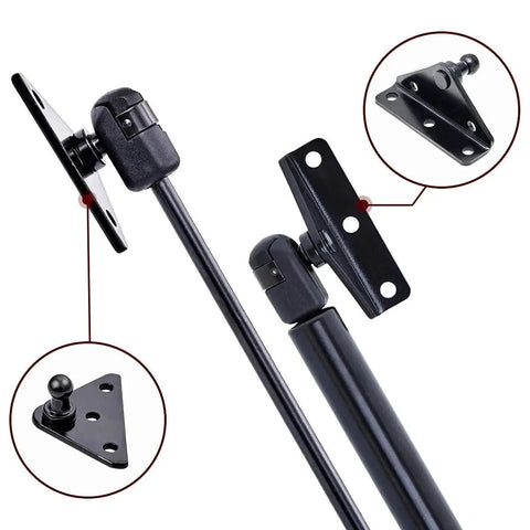 Close-up view of 10mm Ball Stud Gas Spring Mounting Bracket Kit with L and flat type brackets on gas shocks