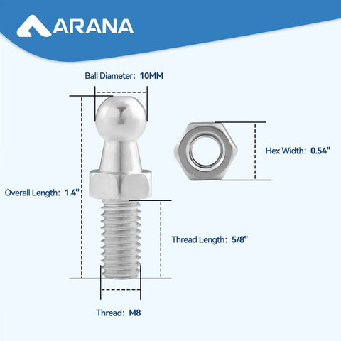Diagram showing dimensions of 10mm Ball Studs with Hardware for Gas Struts, 5/16-18 thread, 5/8-inch shank, and hex nut.