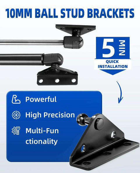 10Mm Ball Stud Brackets, angled and flat, shown with quick installation features, ideal for lift supports and shock applications.
