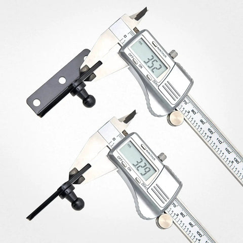 Digital calipers measuring 10mm Ball Stud Mounting Bracket Kit for Gas Strut Lift-O-Mat Systems with black finish.