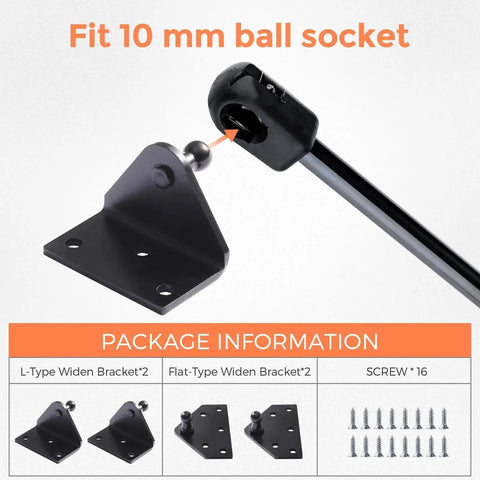 10mm Ball Stud Mounting Brackets Kit With Two Angled L-Type Mounts And Two Flat-Type Mounts Includes 16 Screws Widened Ball Stud Mounts For Gas Struts Shocks Mounting Kits High Load Support Up To 200 Lbs shown with bracket details and screws