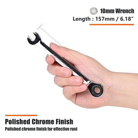 Hand holding 10mm Ratchet Wrench With 12 Point Design Ratcheting Combination Metric Wrench Industrial Grade Gear Spanner
