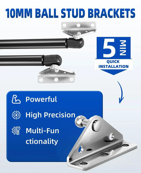 Gas Struts Mounting Bracket 10mm Ball Stud Kit 4 Angled Brackets With 20 Screws For Universal Lift Supports, silver finish