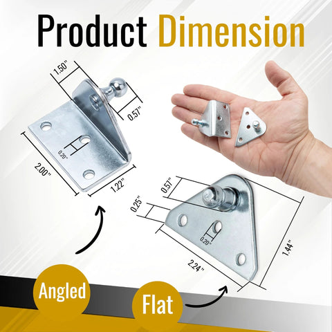 10mm Ball Stud Mounting Bracket Set For Gas Struts and Hood Lids shown with dimensions and product variations, angled and flat brackets