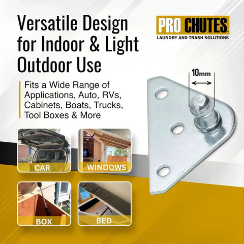 Heavy Duty Gas Strut Mounting Bracket Pack Of 12 with diagram for indoor and outdoor applications shown for car and window use.