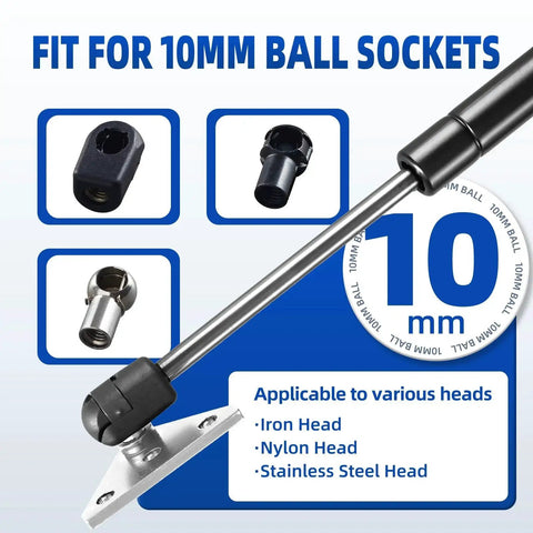 Image showing 10mm ball sockets for use with gas struts, featuring iron, nylon, and stainless steel heads.
