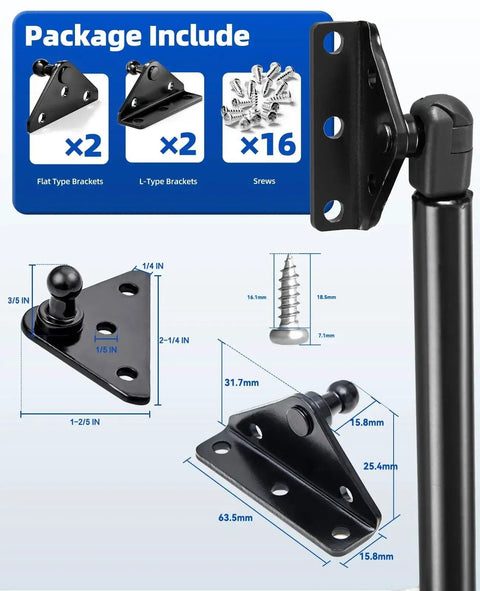 Diagram of 10mm ball stud gas strut mounting brackets set of 4 includes 16 screws for lift supports with measurements and details.