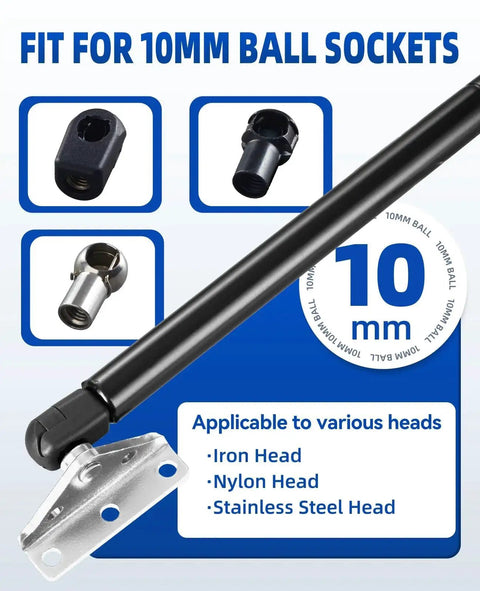 Gas Struts Mounting Bracket 10mm Ball Stud Kit with iron, nylon, stainless steel heads, and bracket, text about compatibility.