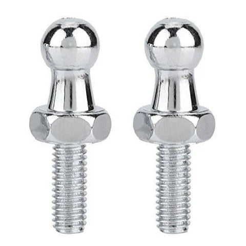 Front view of two silver 10mm M6 Ball Studs with Hardware Nuts Washers -M6 Ball Stud 6mm Female Thread x 1/2" Long Shank.