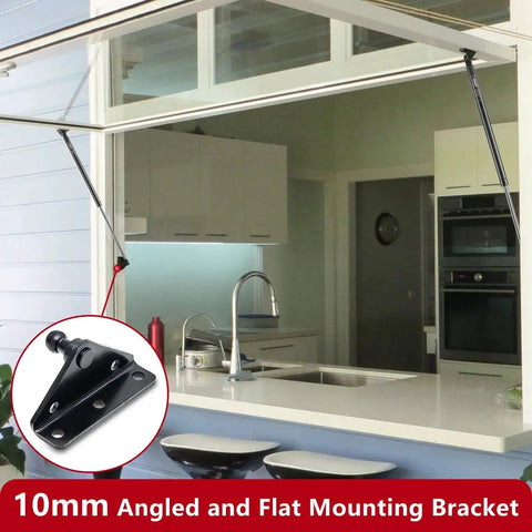 10mm Ball Stud Gas Spring Mounting Bracket Kit installed on kitchen window with 4 L type brackets and 4 flat type brackets