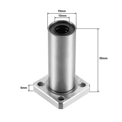 Front view of 10mm bore square flange linear bearing in a 4 pack with double seals, showing dimensions for CNC and 3D printer use.