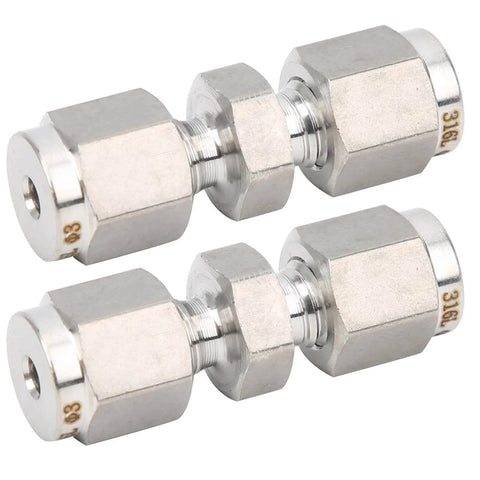 Two 10mm 316 Stainless Steel Compression Fitting Union Straight Tube Connectors, corrosion resistant and ideal for industrial use.