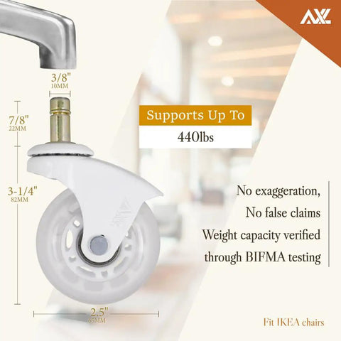 10mm Stem Office Chair Wheels for IKEA Chairs, 2.5 Inch Rollerblade Casters With Gap-Free Bracket, 440lbs Capacity