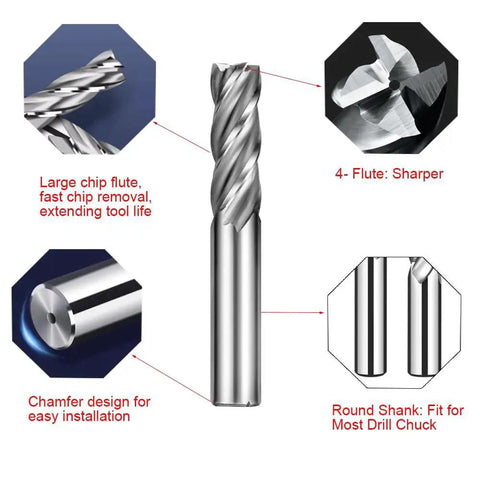Image of a 10 Piece 4 Flute End Mill Set In Metric Sizes From 2mm To 12mm HSS High Speed Steel For CNC Milling Cutters with features highlighted.