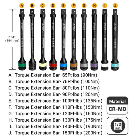 10 Pcs 1/2" Impact Torque Limiting Extension Bar Set, 65-150 Ft-lbs (90-200 Nm) displayed with labels and CR-MO material info